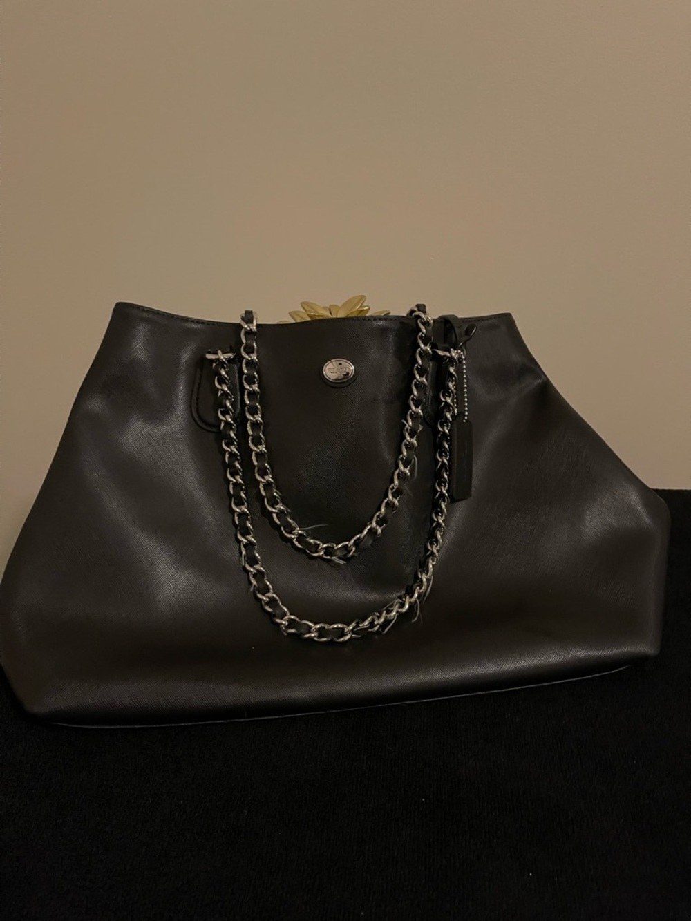 Coach Black Leather Tote with Silver Chain Straps